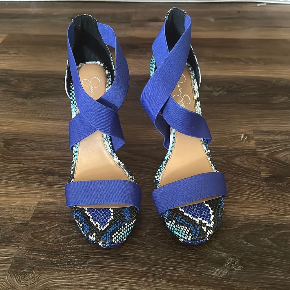 Jessica Simpson blue snake skin elastic strap heels Size 11